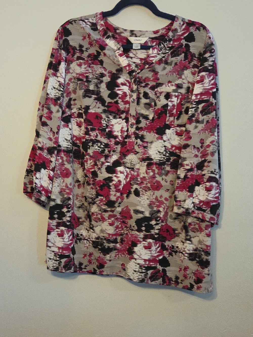 CJ Banks Pink, Black & Cream Floral Blouse